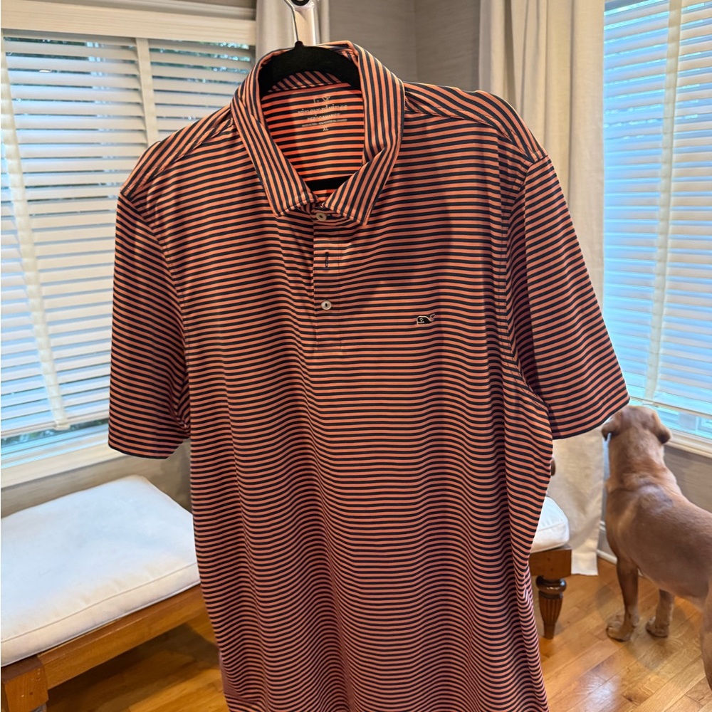Vineyard Vines Navy and Pink Striped Polo Shirt